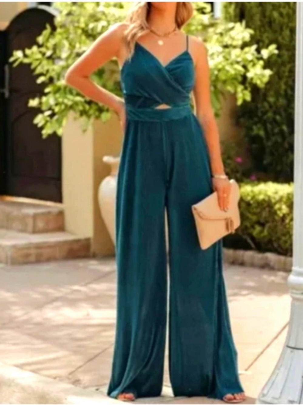 Pleated Teal V-Neck Crossover Spaghetti Strap Jumpsuit